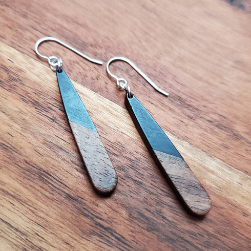 Black Wood & Resin Teardrop Sterling Silver Earrings